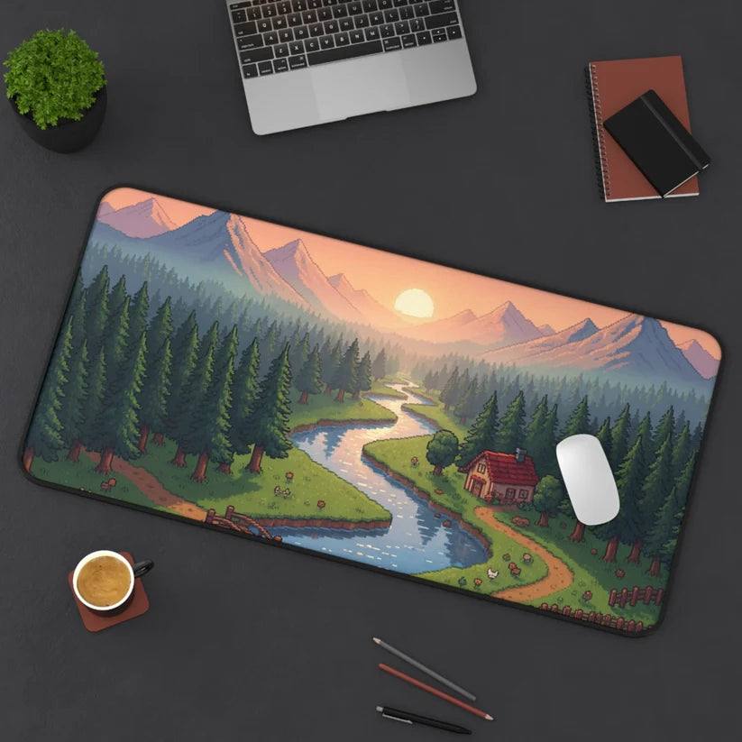 Tapis de bureau antidérapant en néoprène à motif paysage pixel art