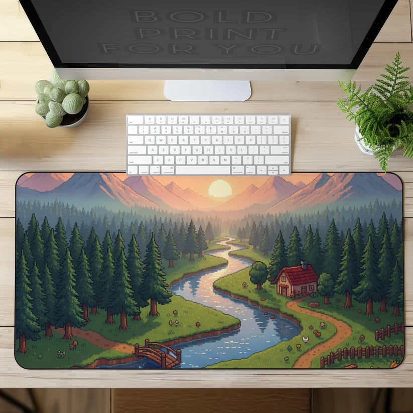 Tapis de bureau antidérapant en néoprène à motif paysage pixel art