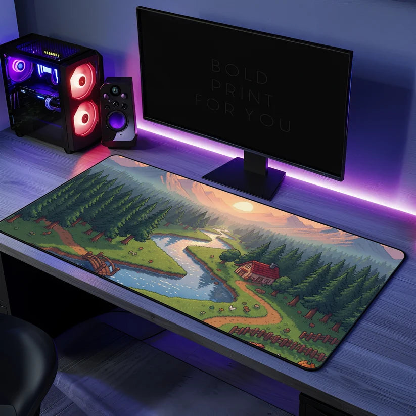 Tapis de bureau antidérapant en néoprène à motif paysage pixel art