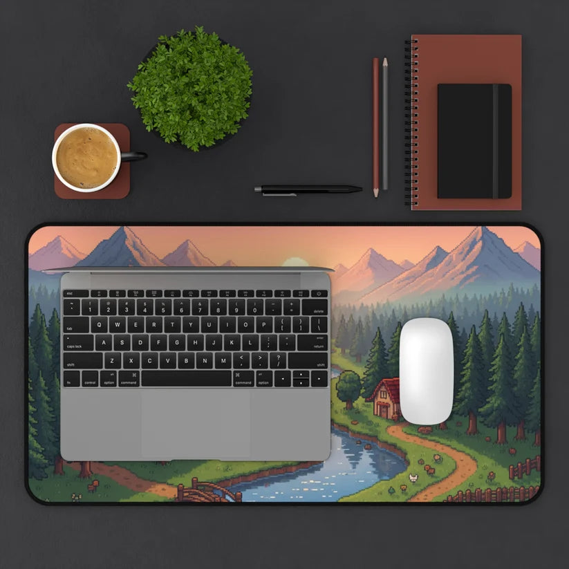 Tapis de bureau antidérapant en néoprène à motif paysage pixel art